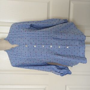 Ruby Rd Womens Blue Button Up Gingham Roll Tab Sleeve Blouse Pintucks